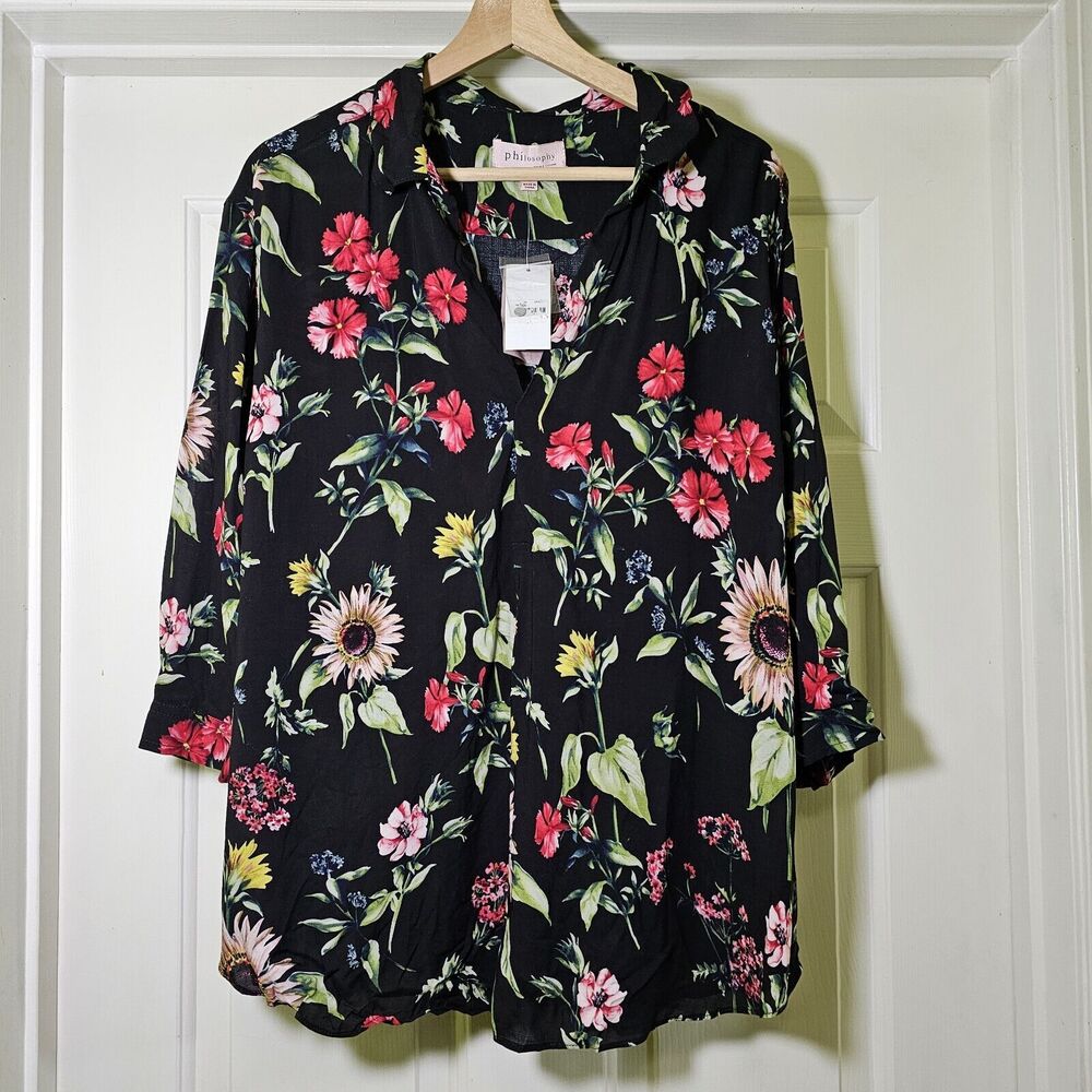 PHILOSOPHY Women's Black Floral Botanical V-Neck 1/2 Sleeve Blouse - Size L